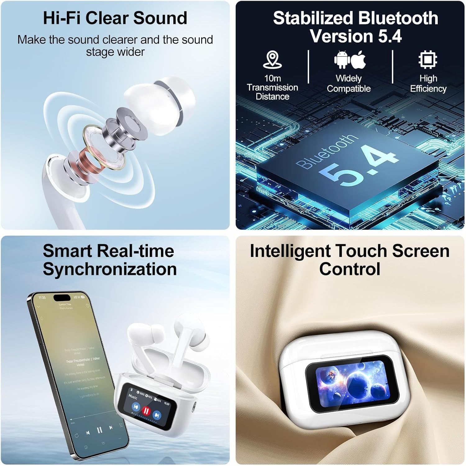 JMT-495562 Touchscreen Wireless Earbuds with Noise Cancelling, Bluetooth 5.4, Hi-Fi Sound, and Microphone for Android & iOS