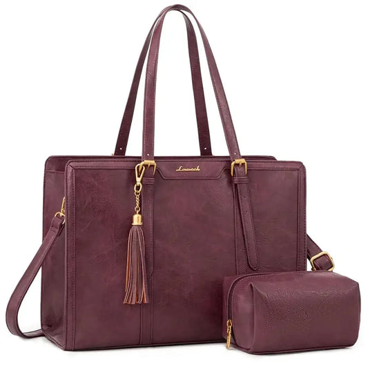 JMT-497034 Vintage Leather Laptop Tote Bag for Women with Clutch Purse – Large Capacity Travel and Work Computer Bag