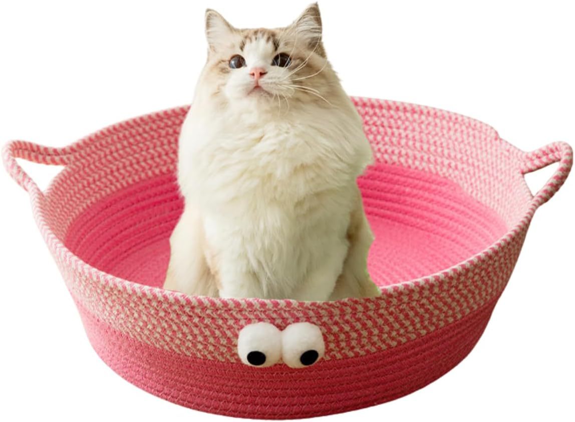 JMT-497674 Woven Cotton Rope Cat Bed - Round, Washable Pet Nest for Indoor Cats and Small Dogs, Breathable & Scratch Resistant