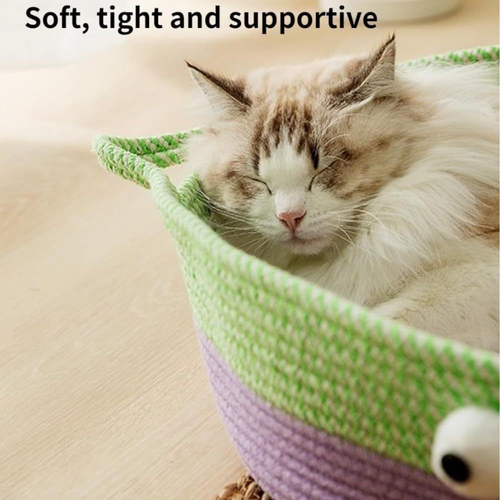 JMT-497674 Woven Cotton Rope Cat Bed - Round, Washable Pet Nest for Indoor Cats and Small Dogs, Breathable & Scratch Resistant