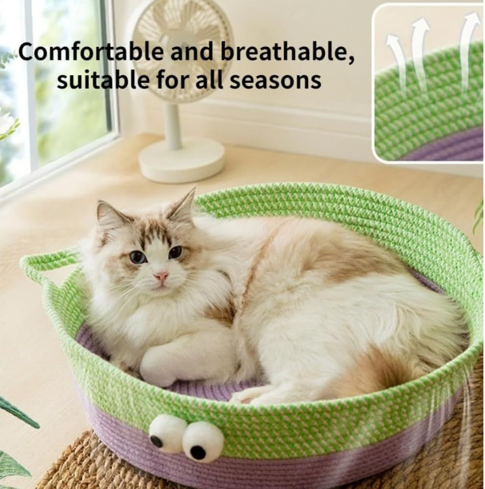 JMT-497674 Woven Cotton Rope Cat Bed - Round, Washable Pet Nest for Indoor Cats and Small Dogs, Breathable & Scratch Resistant