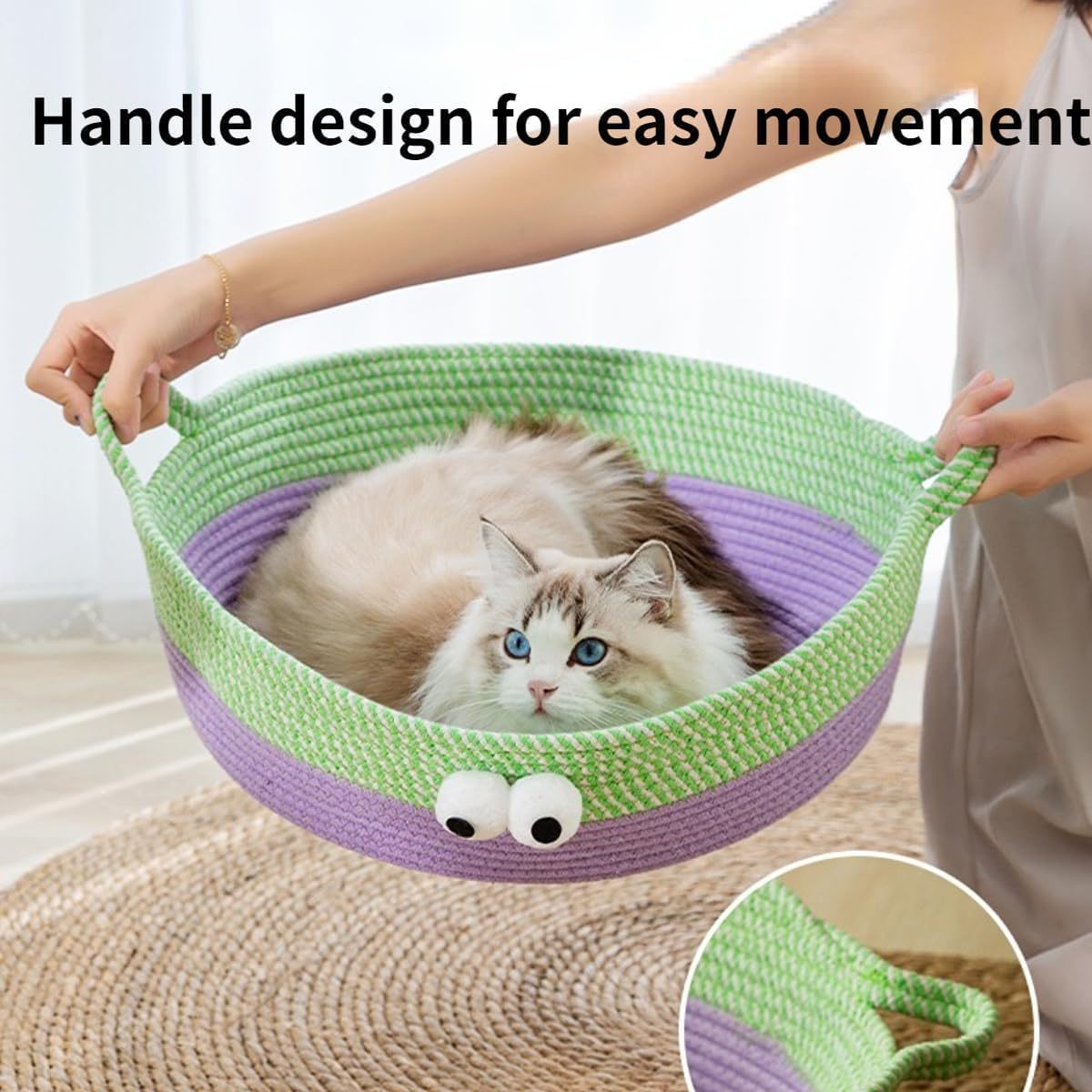 JMT-497674 Woven Cotton Rope Cat Bed - Round, Washable Pet Nest for Indoor Cats and Small Dogs, Breathable & Scratch Resistant