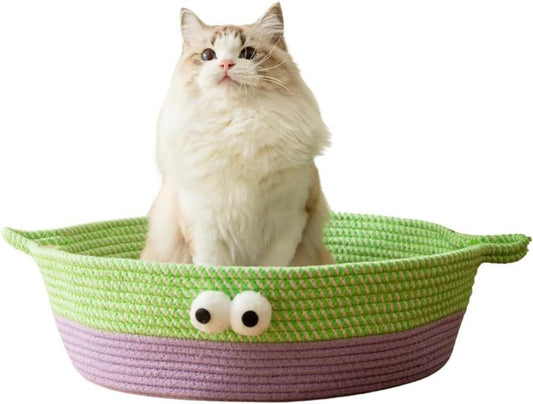 JMT-497674 Woven Cotton Rope Cat Bed - Round, Washable Pet Nest for Indoor Cats and Small Dogs, Breathable & Scratch Resistant