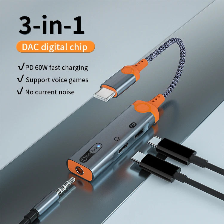 JMT-497866 3-in-1 Type-C to 3.5mm Audio Adapter with PD 60W Charging for Compatible Devices
