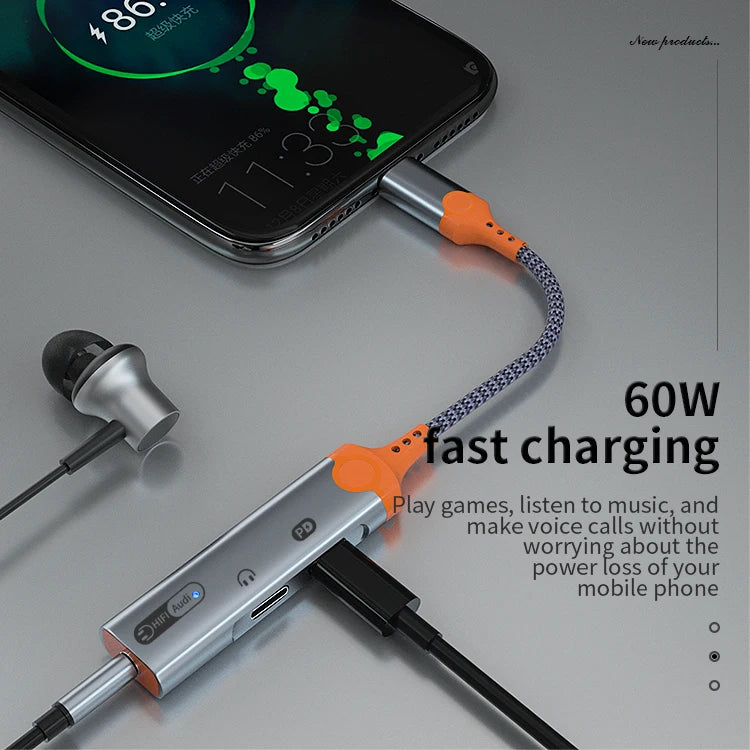 JMT-497866 3-in-1 Type-C to 3.5mm Audio Adapter with PD 60W Charging for Compatible Devices