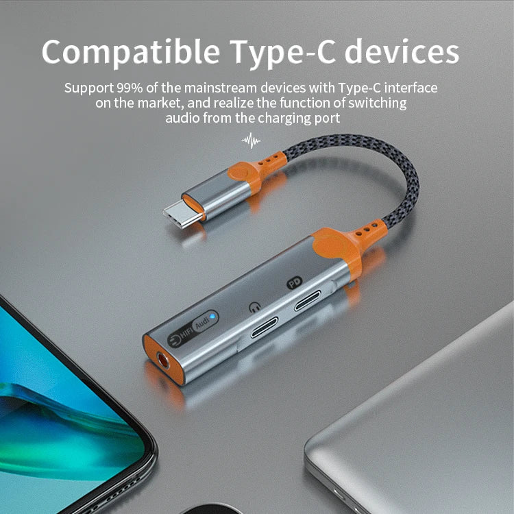 JMT-497866 3-in-1 Type-C to 3.5mm Audio Adapter with PD 60W Charging for Compatible Devices