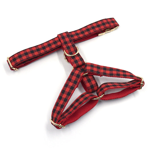 JMT-499850 Red and Black Plaid Dog Harness with Gold Buckle for Pets
