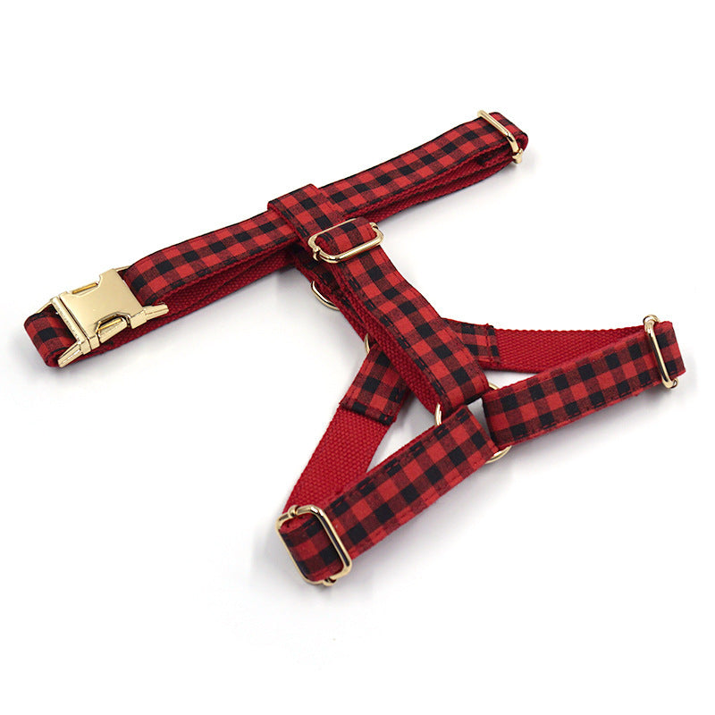 JMT-499850 Red and Black Plaid Dog Harness with Gold Buckle for Pets