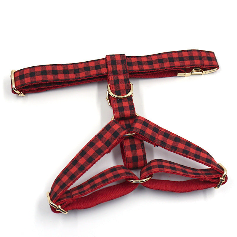 JMT-499850 Red and Black Plaid Dog Harness with Gold Buckle for Pets