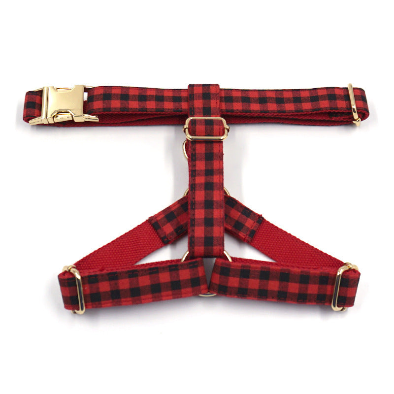 JMT-499850 Red and Black Plaid Dog Harness with Gold Buckle for Pets