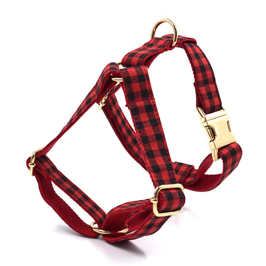 JMT-499850 Red and Black Plaid Dog Harness with Gold Buckle for Pets