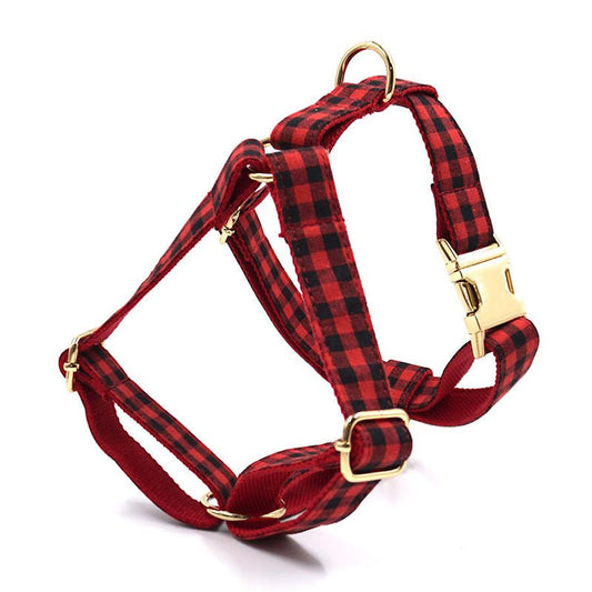 JMT-499850 Red and Black Plaid Dog Harness with Gold Buckle for Pets