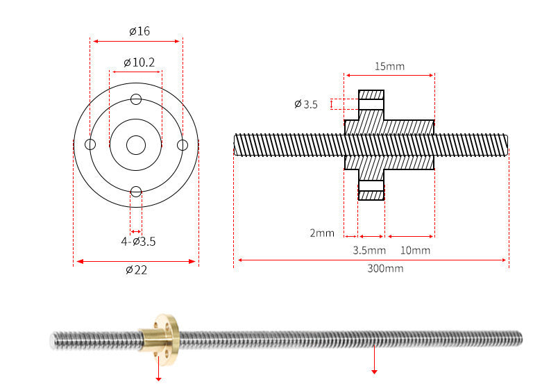 JMT-501770 T-shaped Trapezoid Screw Rod for 3D Printer Motor Drive, 2-200 mm Lead with Nut