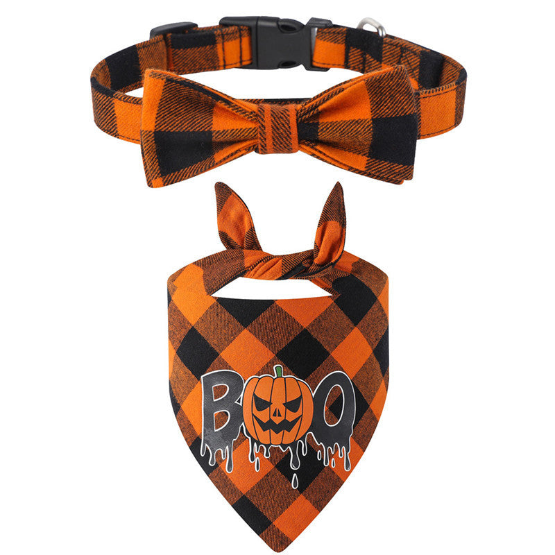 JMT-503626 Plaid Dog Collar with Triangle Scarf - Cotton, Adjustable Sizes, Cartoon Design