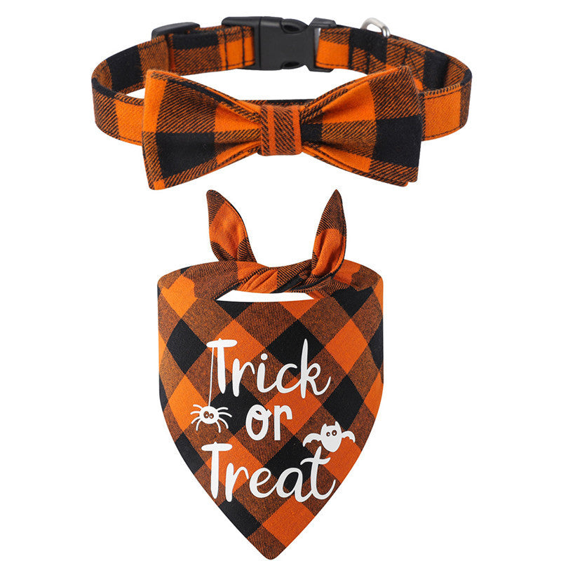 JMT-503626 Plaid Dog Collar with Triangle Scarf - Cotton, Adjustable Sizes, Cartoon Design
