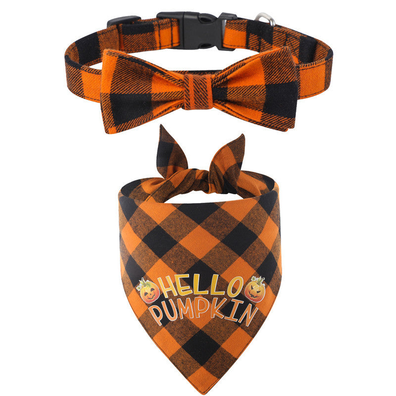 JMT-503626 Plaid Dog Collar with Triangle Scarf - Cotton, Adjustable Sizes, Cartoon Design