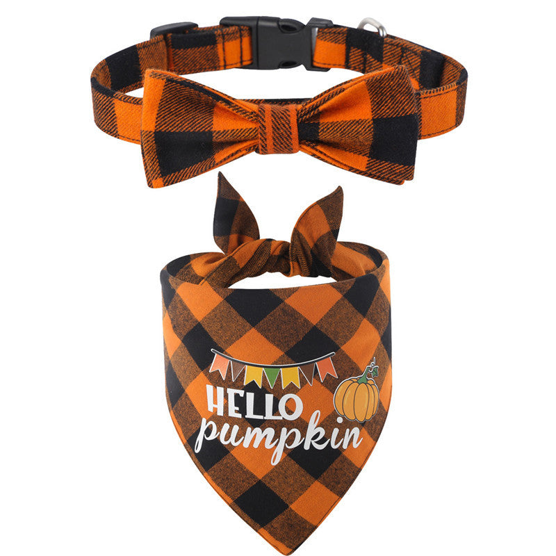 JMT-503626 Plaid Dog Collar with Triangle Scarf - Cotton, Adjustable Sizes, Cartoon Design