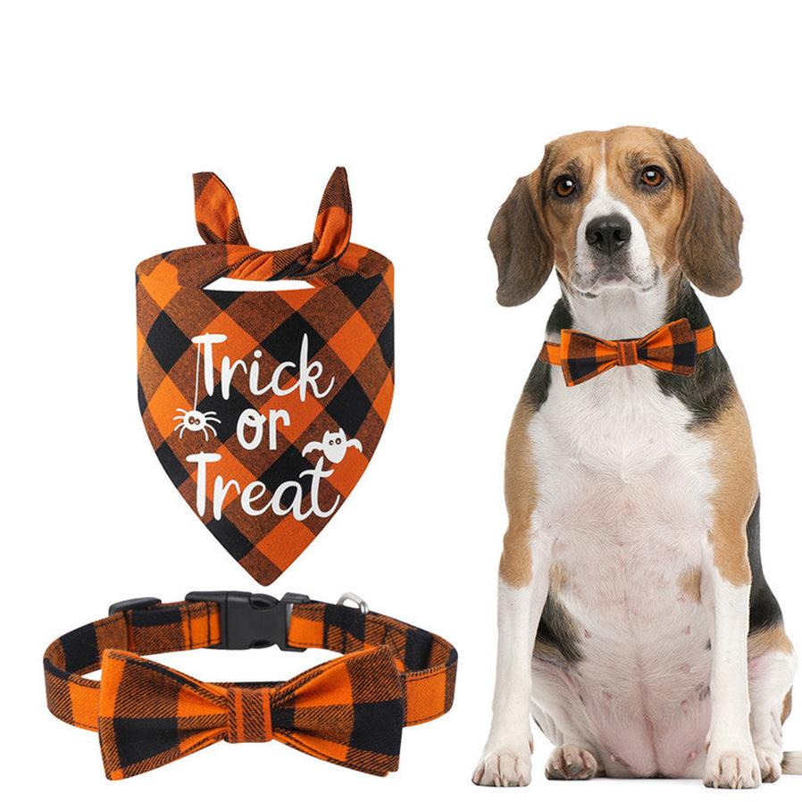 JMT-503626 Plaid Dog Collar with Triangle Scarf - Cotton, Adjustable Sizes, Cartoon Design