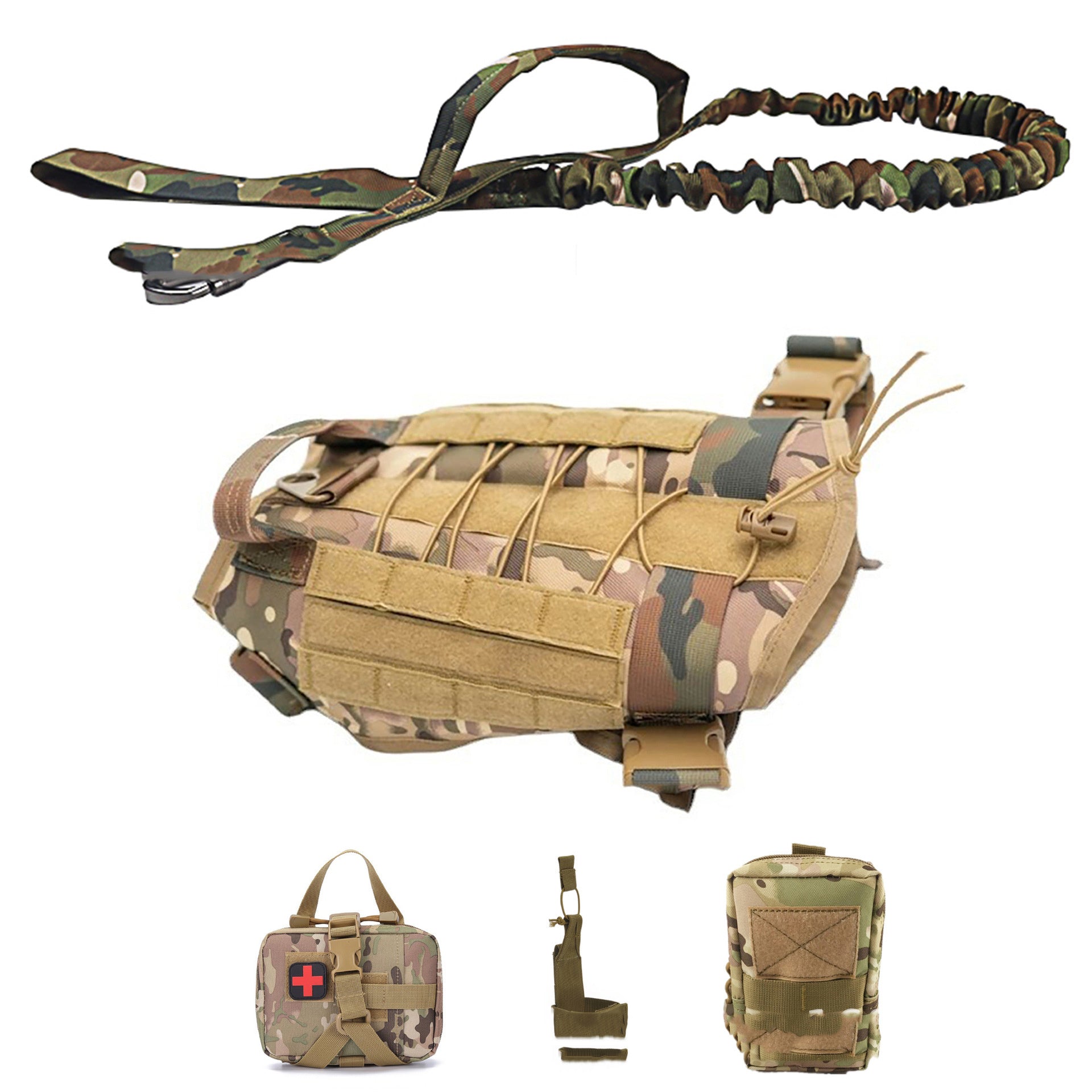 JMT-504458 Tactical Outdoor Dog Vest Suit with Leash, Kettle Bag, and Backpack - Available in Black, Khaki, Military Green, and Camouflage