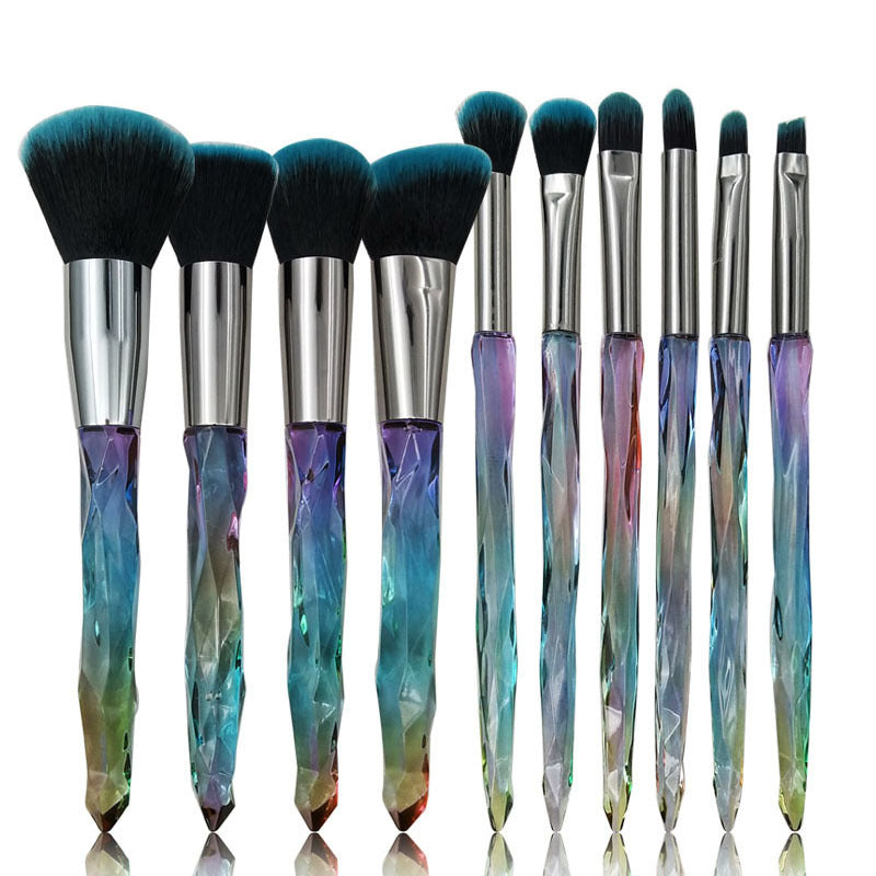 JMT-505546 Crystal Diamond Makeup Brush Set with Long Plastic Handles - 10 Nylon Brushes