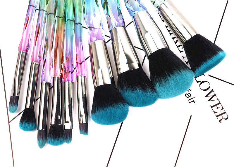 JMT-505546 Crystal Diamond Makeup Brush Set with Long Plastic Handles - 10 Nylon Brushes