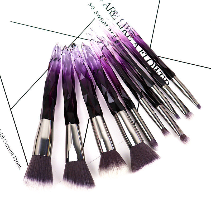 JMT-505546 Crystal Diamond Makeup Brush Set with Long Plastic Handles - 10 Nylon Brushes