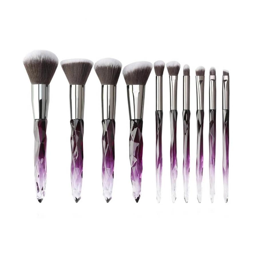 JMT-505546 Crystal Diamond Makeup Brush Set with Long Plastic Handles - 10 Nylon Brushes