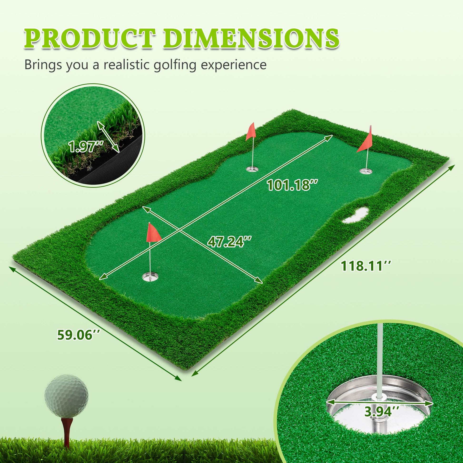 JMT-506122 Indoor Outdoor Golf Putting Green - 10x5 FT Training Mat with 3 Holes, Flags and Cups