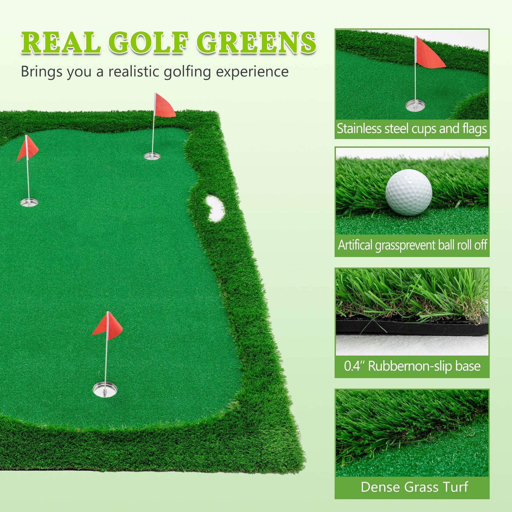 JMT-506122 Indoor Outdoor Golf Putting Green - 10x5 FT Training Mat with 3 Holes, Flags and Cups