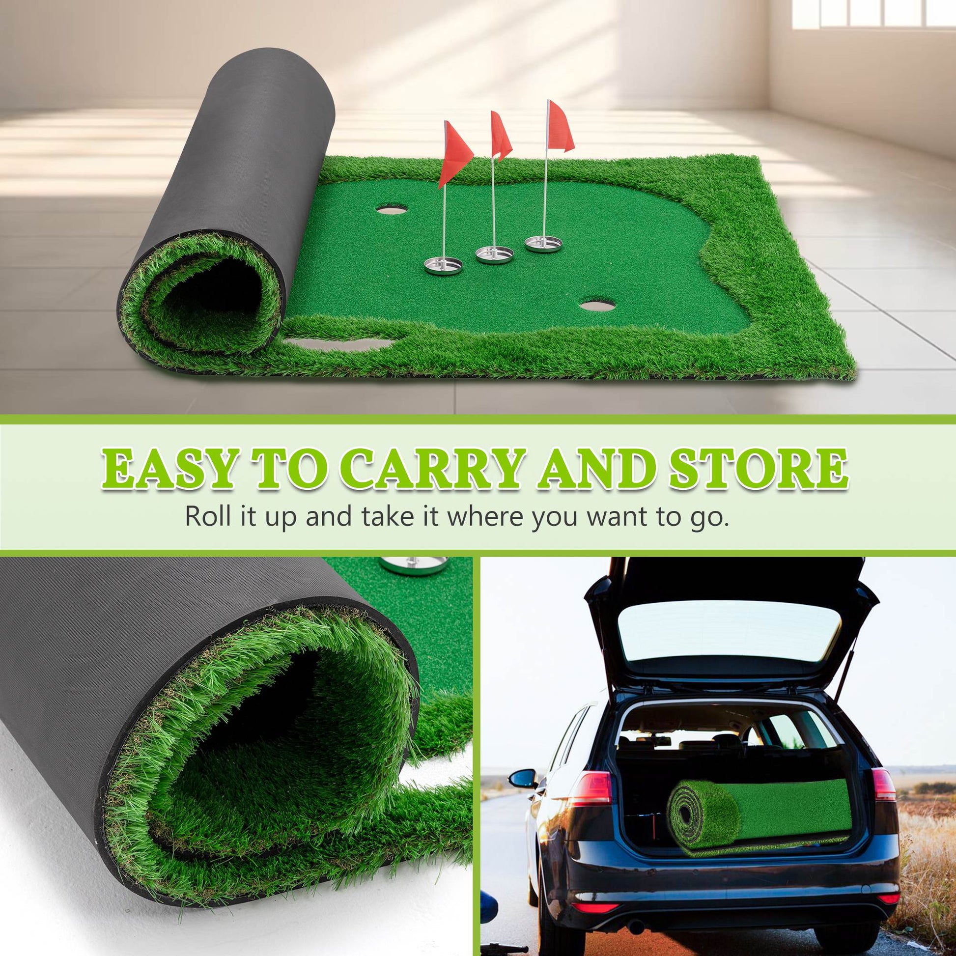 JMT-506122 Indoor Outdoor Golf Putting Green - 10x5 FT Training Mat with 3 Holes, Flags and Cups