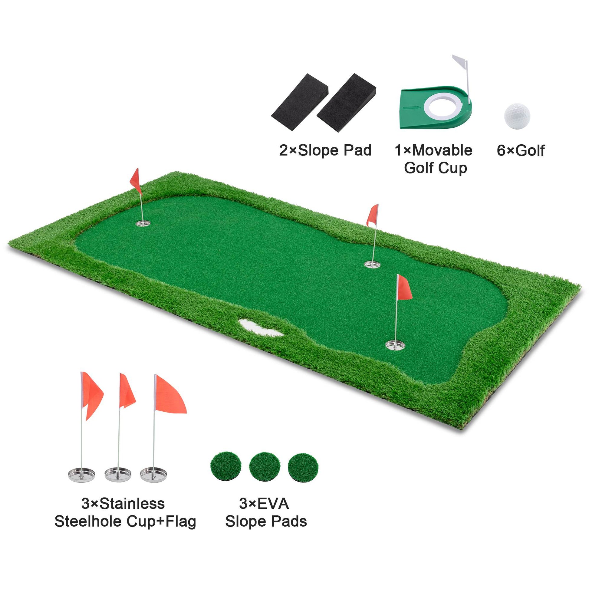 JMT-506122 Indoor Outdoor Golf Putting Green - 10x5 FT Training Mat with 3 Holes, Flags and Cups