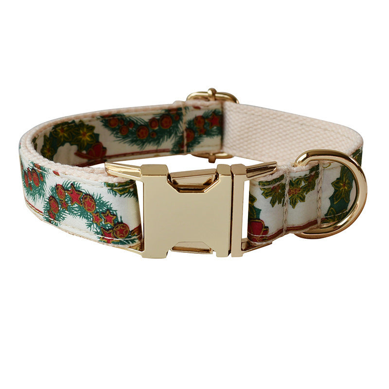 JMT-507082 Christmas Wreath Cotton Dog Collar with Bow Knot and Leash Set, All Seasons, Sizes S-XL
