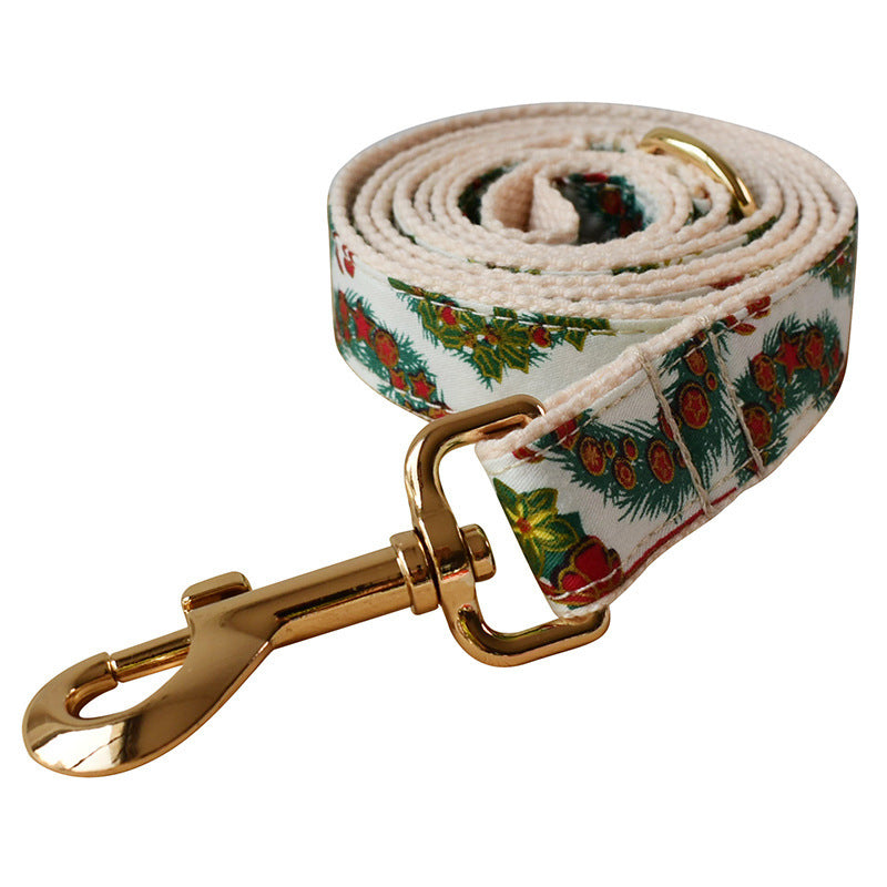 JMT-507082 Christmas Wreath Cotton Dog Collar with Bow Knot and Leash Set, All Seasons, Sizes S-XL