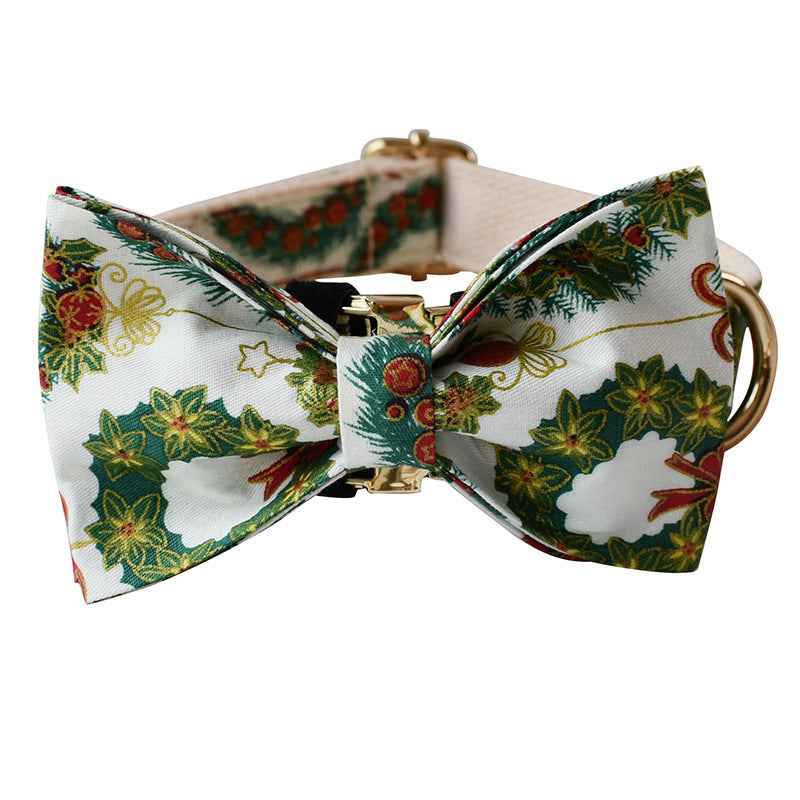 JMT-507082 Christmas Wreath Cotton Dog Collar with Bow Knot and Leash Set, All Seasons, Sizes S-XL