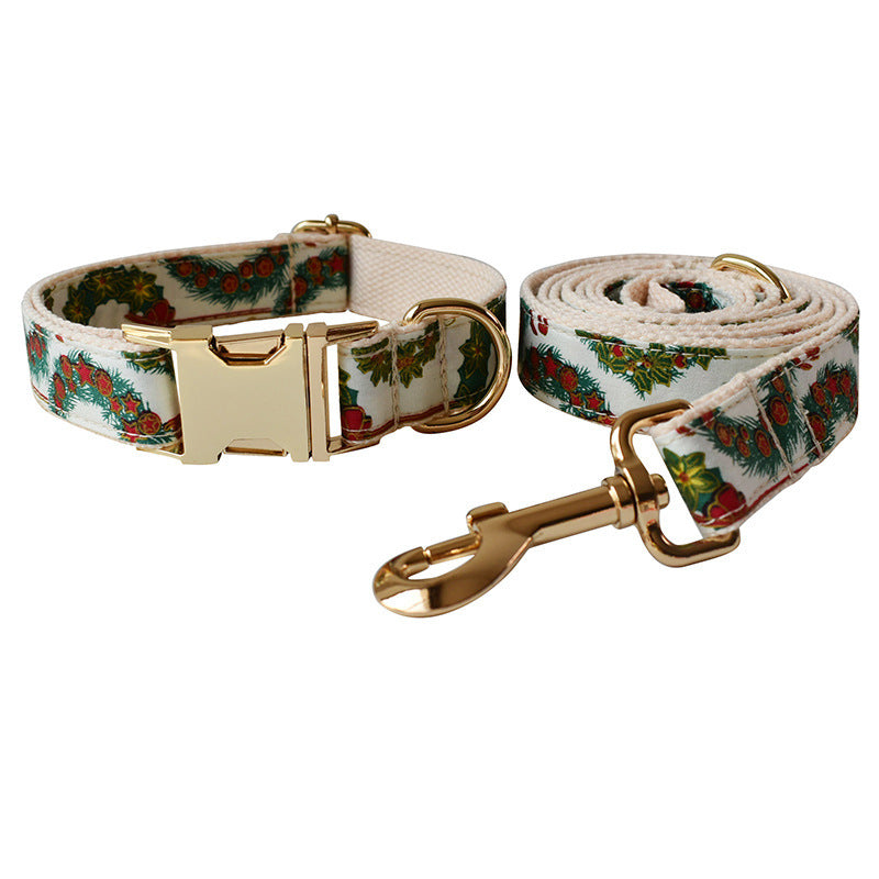 JMT-507082 Christmas Wreath Cotton Dog Collar with Bow Knot and Leash Set, All Seasons, Sizes S-XL