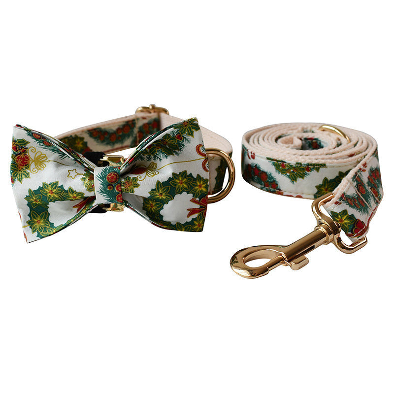 JMT-507082 Christmas Wreath Cotton Dog Collar with Bow Knot and Leash Set, All Seasons, Sizes S-XL