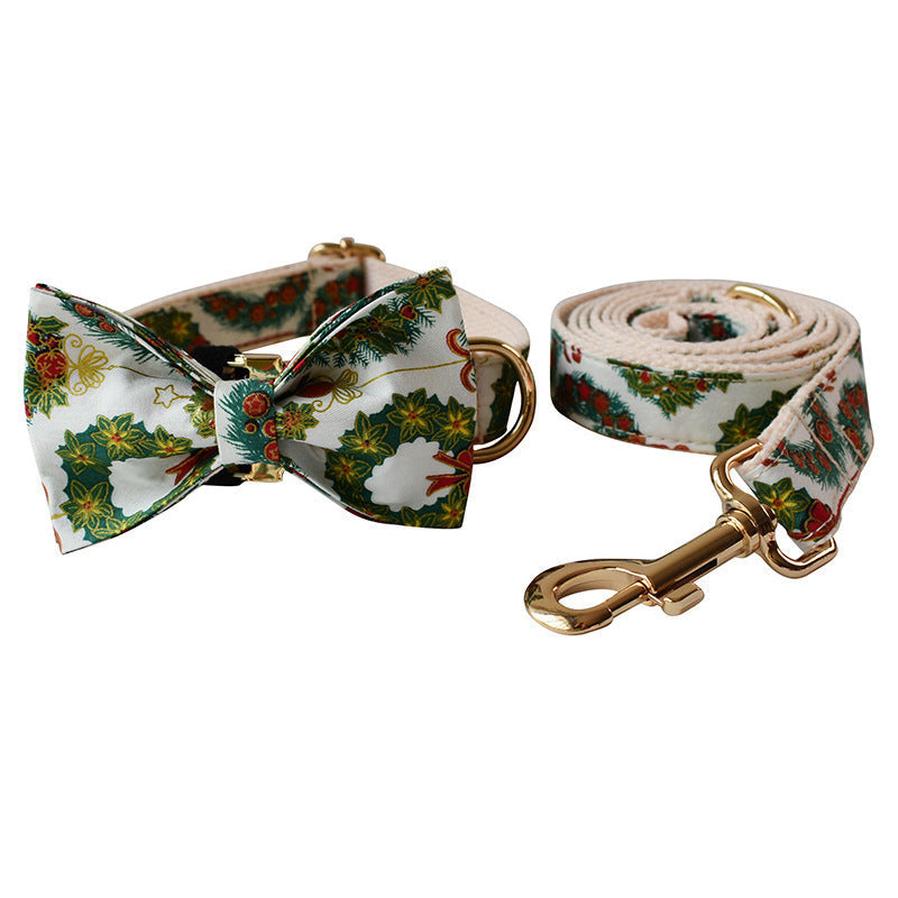 JMT-507082 Christmas Wreath Cotton Dog Collar with Bow Knot and Leash Set, All Seasons, Sizes S-XL