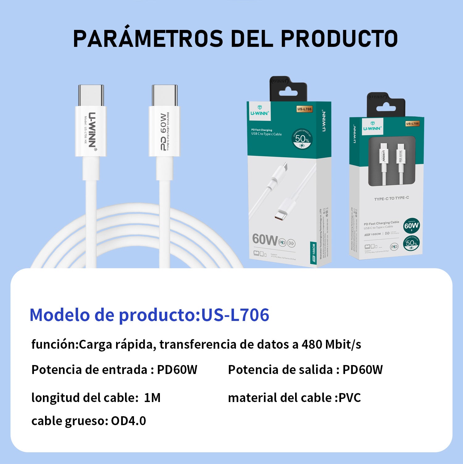 JMT-507594 USB-C to USB-C Cable, 1M Length, 60W Power Delivery, Data Transfer Speed of 480 Mbps, PVC Material