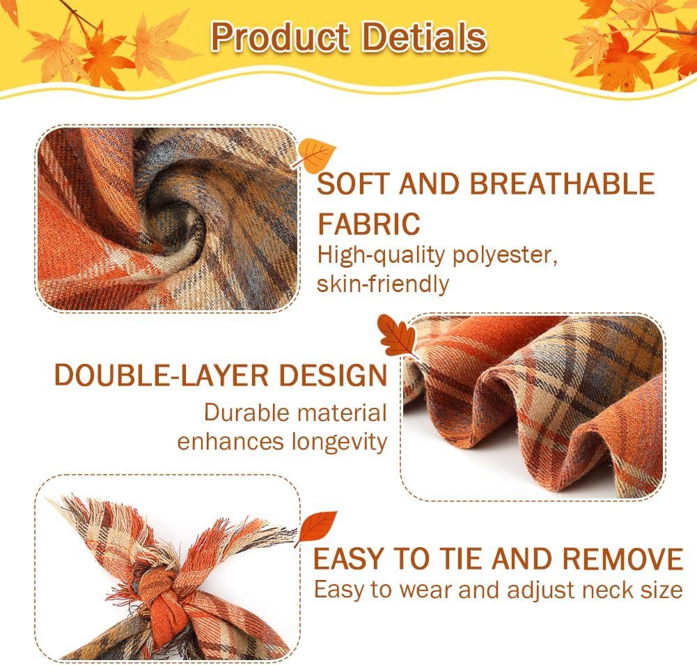 JMT-508042 Fall Plaid Triangle Dog Bandana with Tassel Edges for Thanksgiving and Everyday Wear