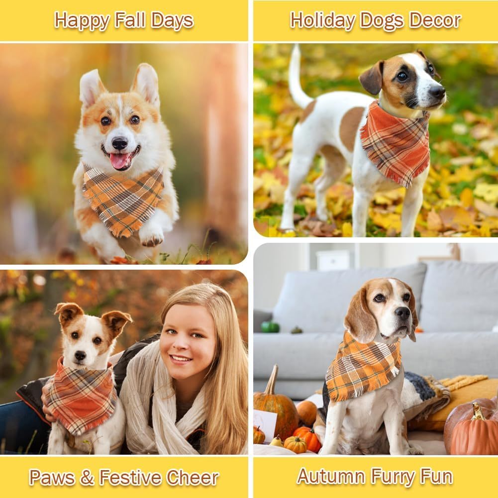 JMT-508042 Fall Plaid Triangle Dog Bandana with Tassel Edges for Thanksgiving and Everyday Wear