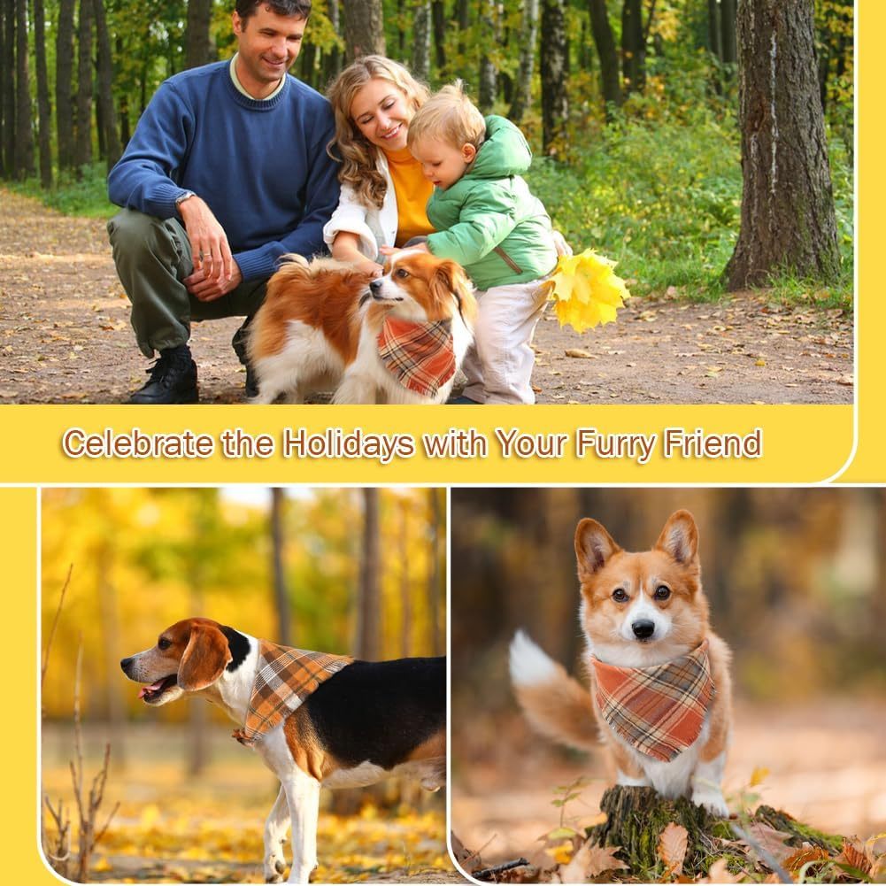 JMT-508042 Fall Plaid Triangle Dog Bandana with Tassel Edges for Thanksgiving and Everyday Wear