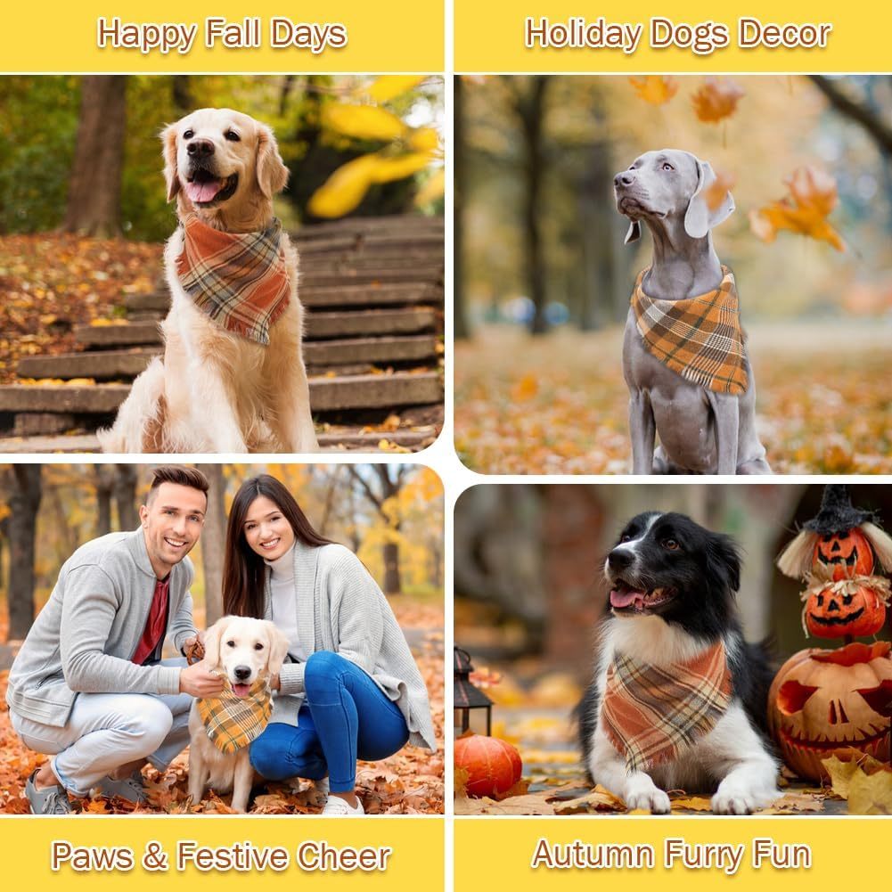 JMT-508042 Fall Plaid Triangle Dog Bandana with Tassel Edges for Thanksgiving and Everyday Wear