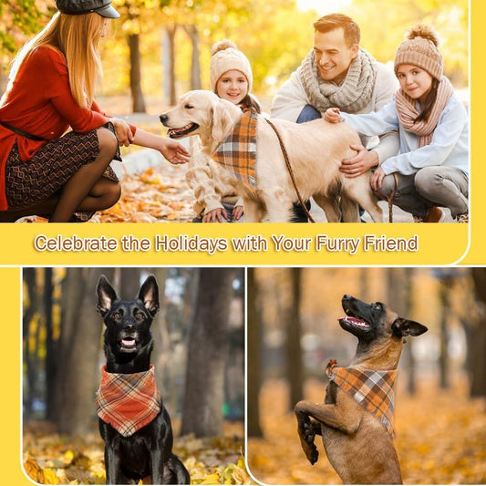 JMT-508042 Fall Plaid Triangle Dog Bandana with Tassel Edges for Thanksgiving and Everyday Wear