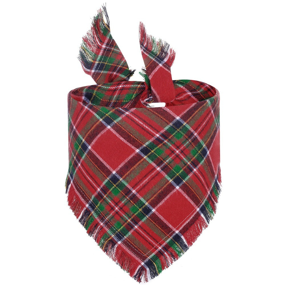 JMT-508042 Fall Plaid Triangle Dog Bandana with Tassel Edges for Thanksgiving and Everyday Wear