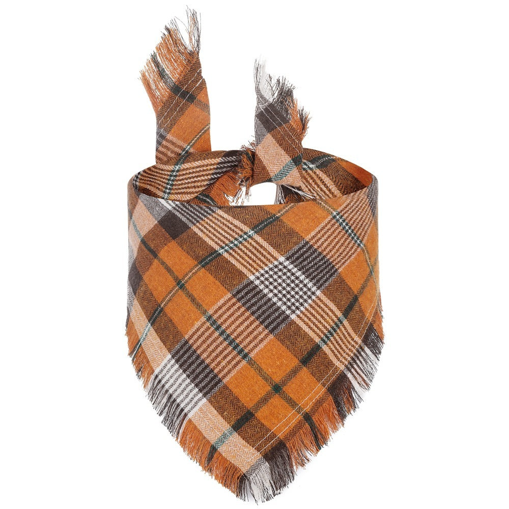 JMT-508042 Fall Plaid Triangle Dog Bandana with Tassel Edges for Thanksgiving and Everyday Wear