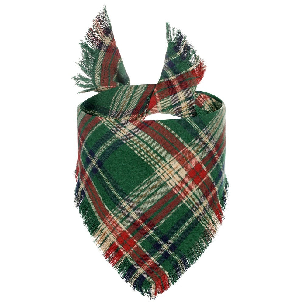 JMT-508042 Fall Plaid Triangle Dog Bandana with Tassel Edges for Thanksgiving and Everyday Wear