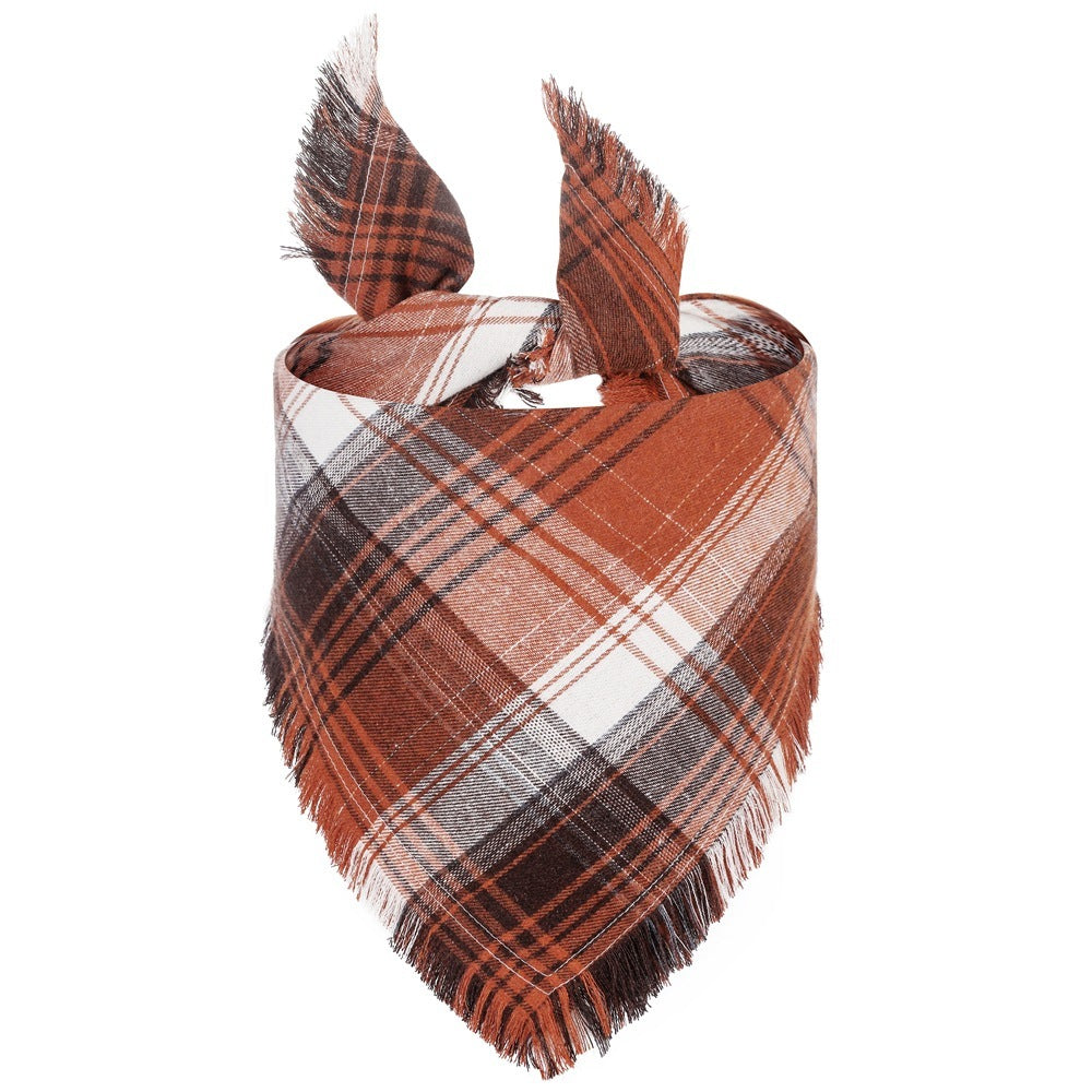 JMT-508042 Fall Plaid Triangle Dog Bandana with Tassel Edges for Thanksgiving and Everyday Wear