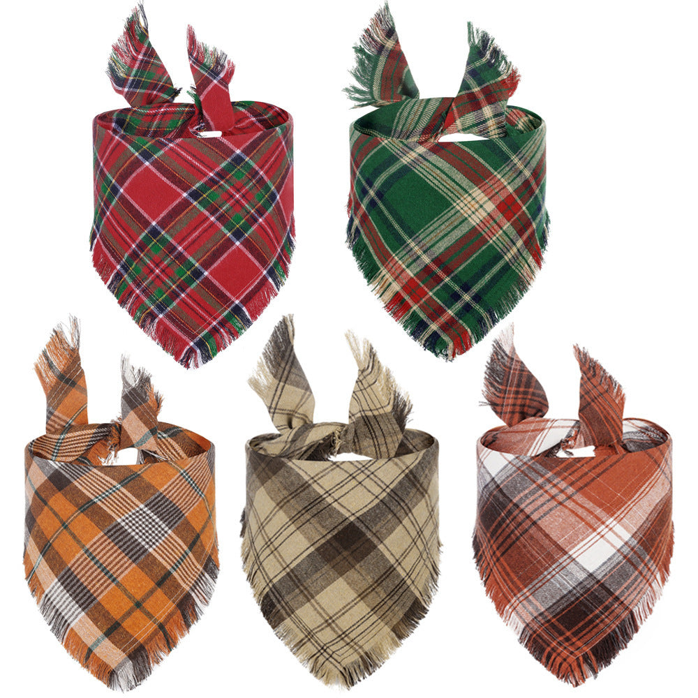JMT-508042 Fall Plaid Triangle Dog Bandana with Tassel Edges for Thanksgiving and Everyday Wear