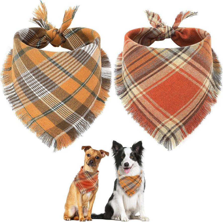 JMT-508042 Fall Plaid Triangle Dog Bandana with Tassel Edges for Thanksgiving and Everyday Wear