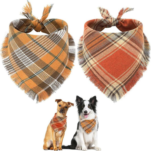JMT-508042 Fall Plaid Triangle Dog Bandana with Tassel Edges for Thanksgiving and Everyday Wear